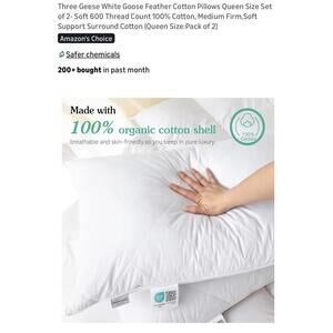 Three Geese White Goose Feather Cotton Pillows Queen Size Set of 2